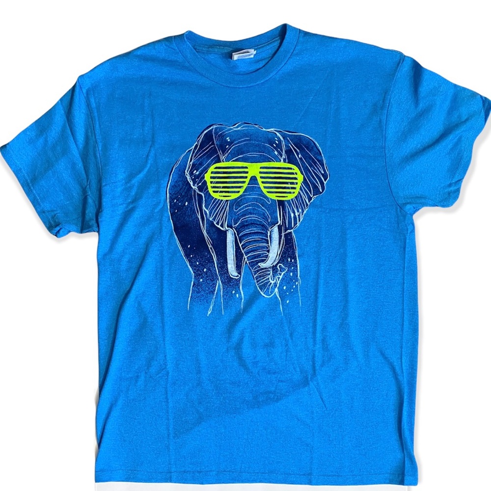 Elephant Neon Shades Graphic Print Blue Crew T-Shirt-Unisex Adult Medium-NWOT